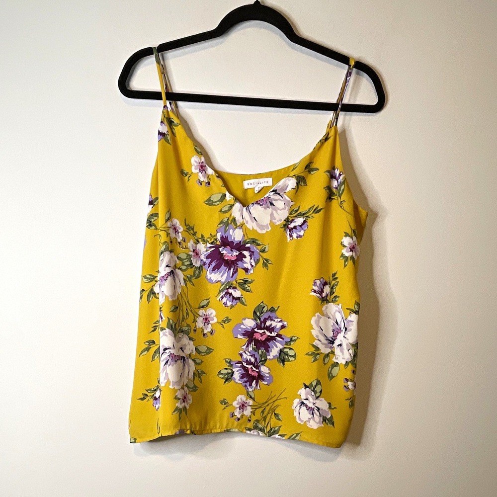 Socialite Camisole Womens XL Yellow Floral Chiffon V Neck Spaghetti Strap Boho